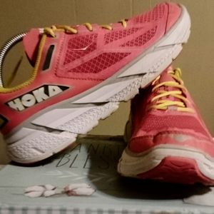 Hoka One One Clifton, Women's size 9.5, Pink, White, and Yellow